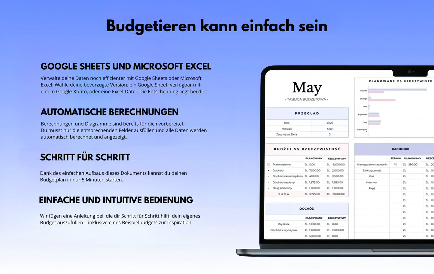 Haushaltsbudget für Excel  & Google Sheets (alle Währungen)